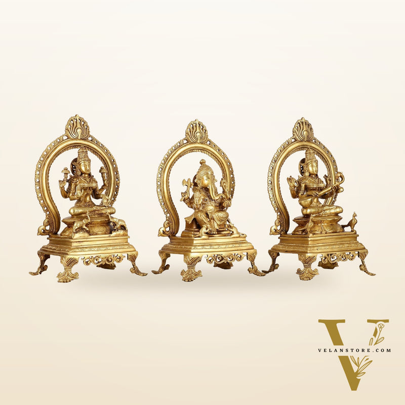 Brass Superfine Ganesh, Lakshmi, and Saraswati Idol Set 15