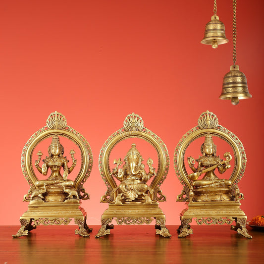 Brass Superfine Ganesh, Lakshmi, and Saraswati Idol Set 15