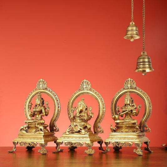Brass Superfine Ganesh, Lakshmi, and Saraswati Idol Set 15