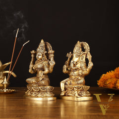 Brass Superfine Ganesh Lakshmi Idol - 7" Divine Sculpture