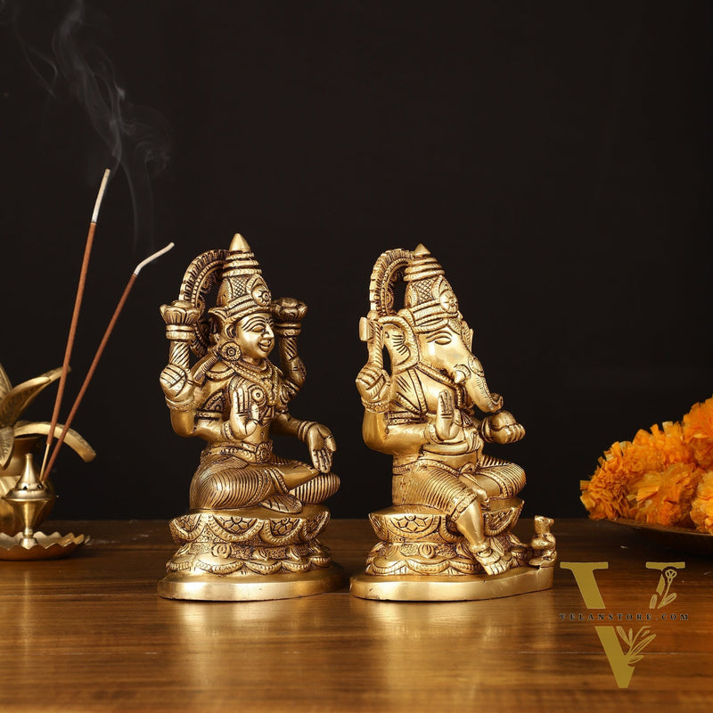 Brass Superfine Ganesh Lakshmi Idol - 7" Divine Sculpture