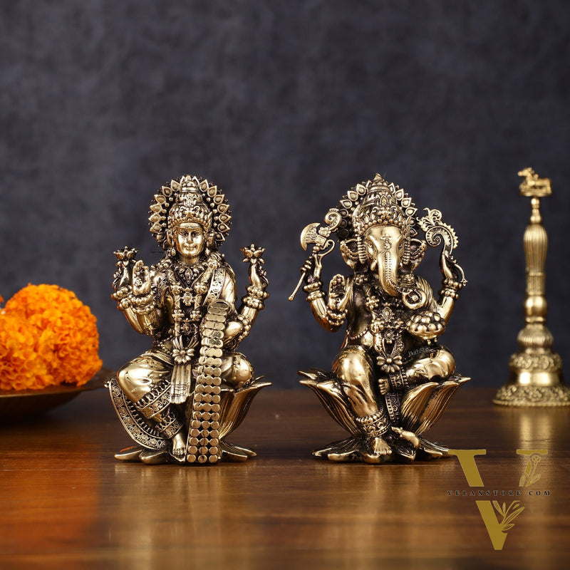 Brass Superfine Ganesh Lakshmi Idols - 4 Inch