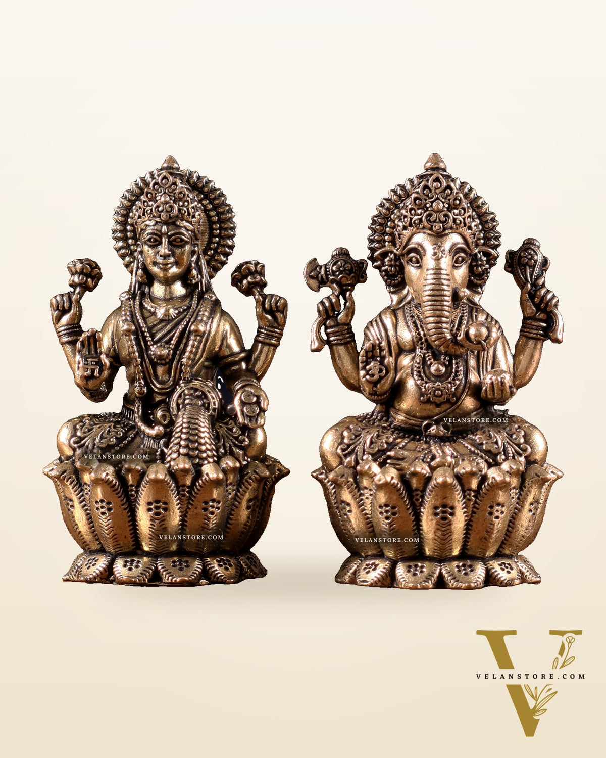 Brass Superfine Ganesh–Lakshmi on Lotus Idol Pair – Miniature (2.5 Inch)