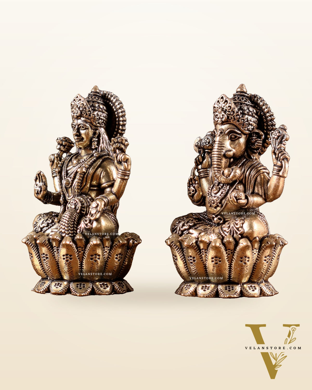 Brass Superfine Ganesh–Lakshmi on Lotus Idol Pair – Miniature (2.5 Inch)