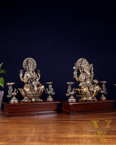 Brass Superfine Ganesh–Lakshmi Pair with Twin Peacock Lamps on Wooden Base – 9.5 Inch