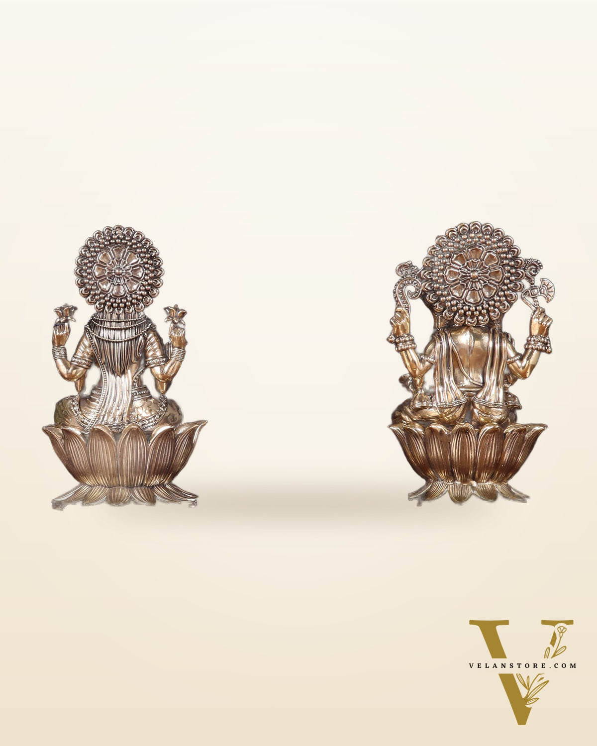 Brass Superfine Ganesh–Lakshmi Pair with Twin Peacock Lamps on Wooden Base – 9.5 Inch