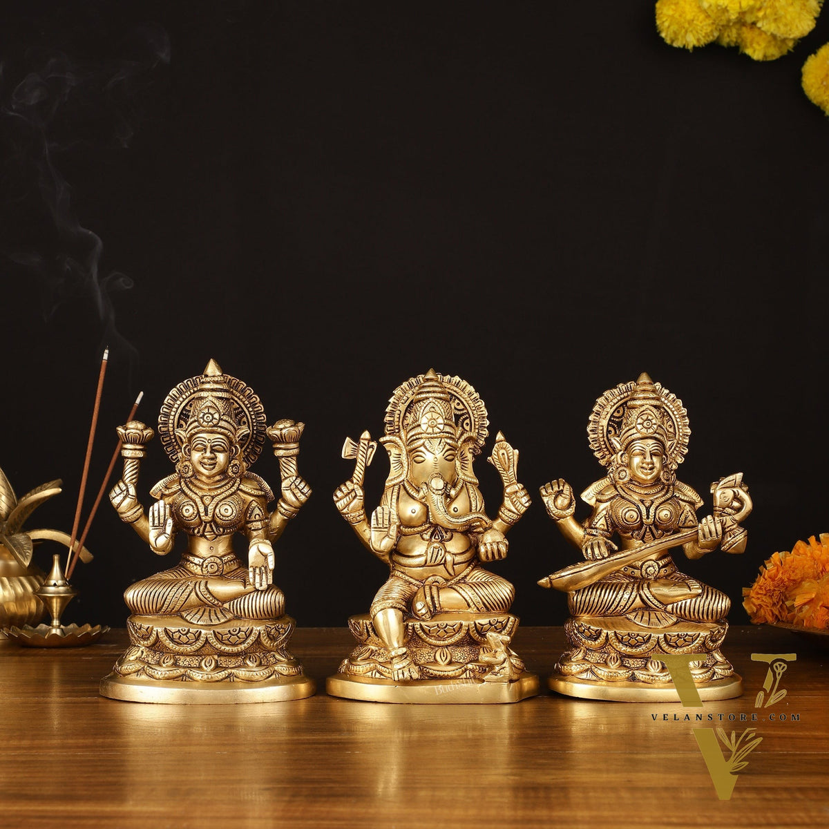 Brass Superfine Ganesh Lakshmi Saraswati Idol - 7" Divine Sculpture