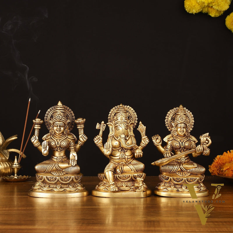 Brass Superfine Ganesh Lakshmi Saraswati Idol - 7" Divine Sculpture