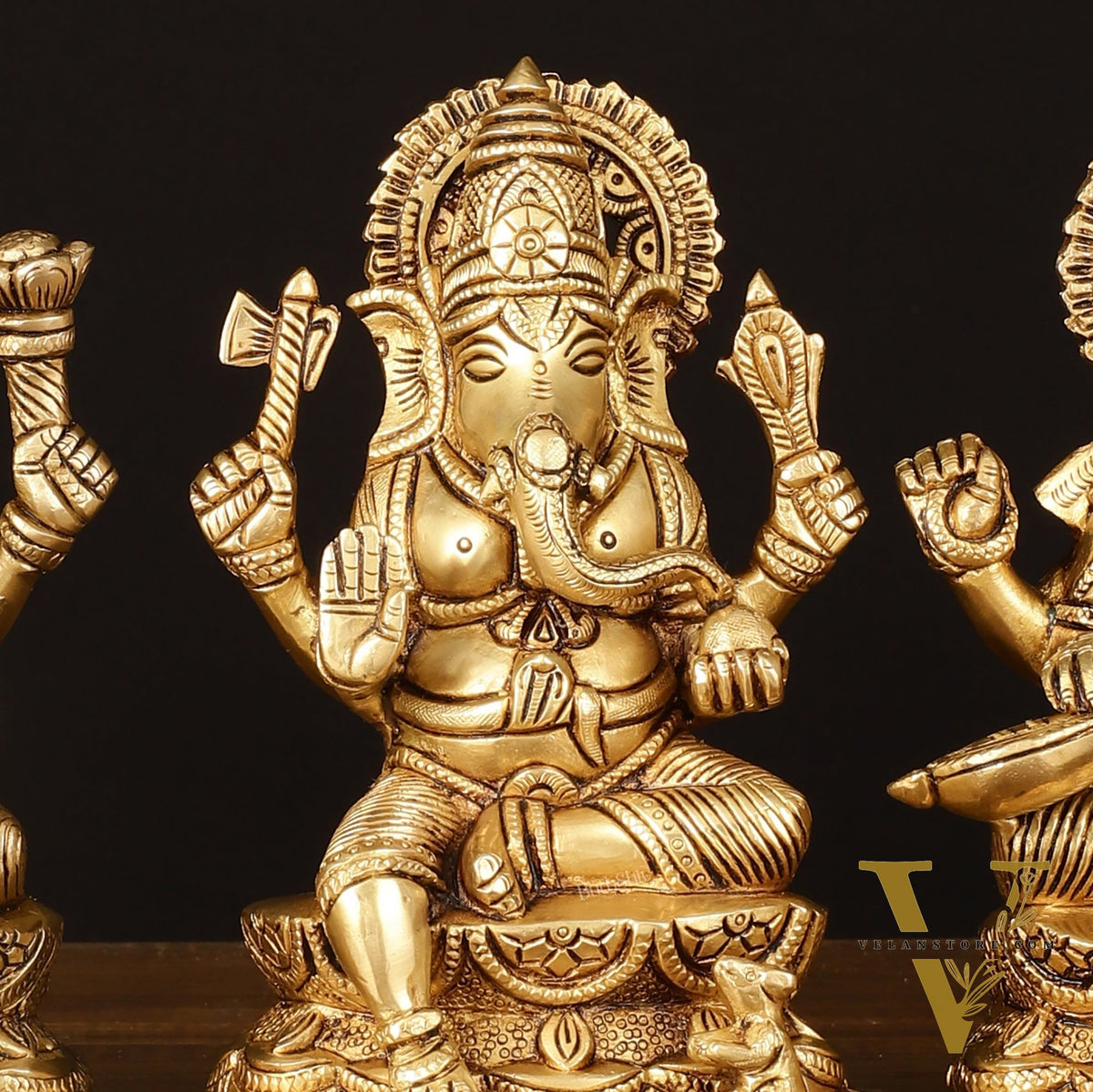 Brass Superfine Ganesh Lakshmi Saraswati Idol - 7" Divine Sculpture