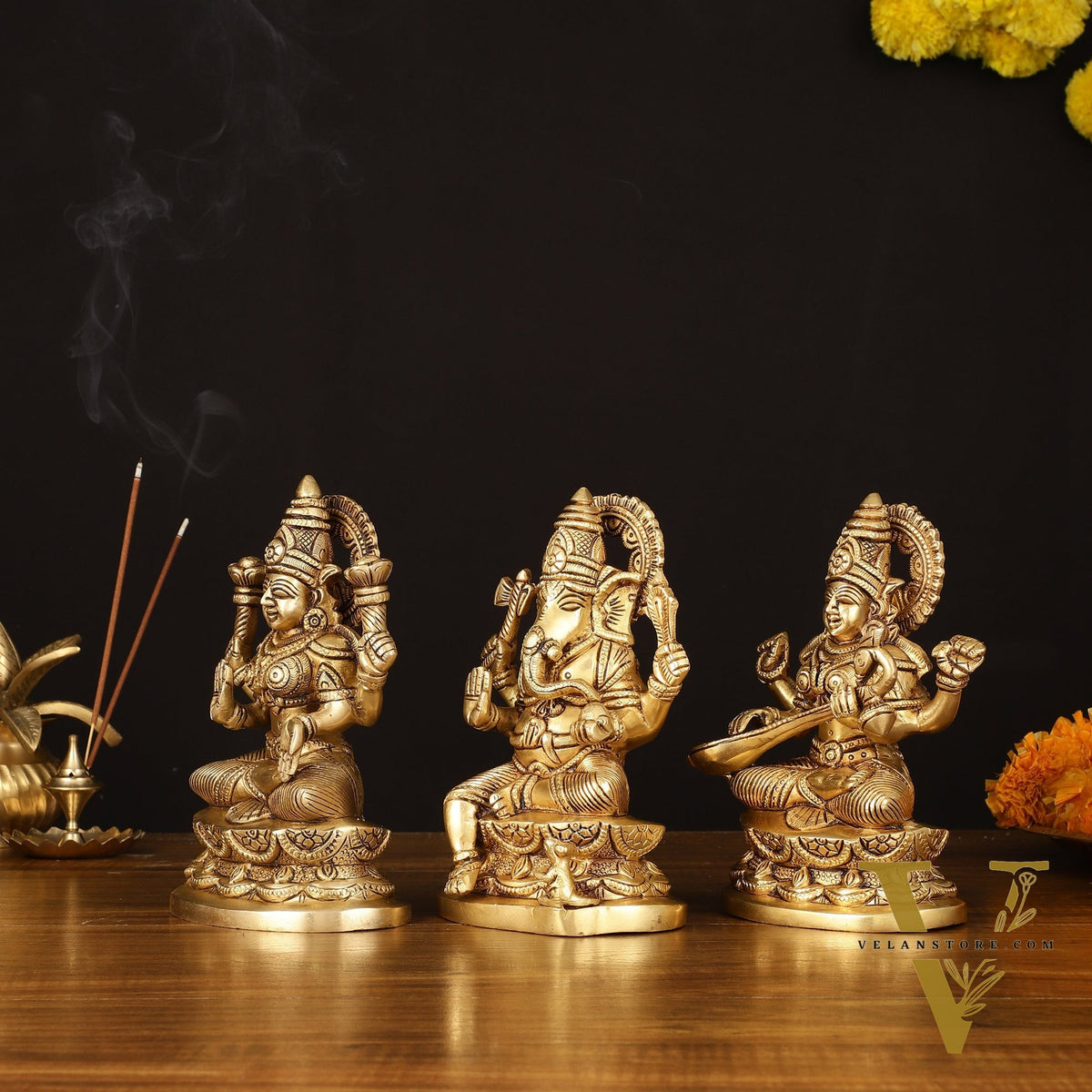 Brass Superfine Ganesh Lakshmi Saraswati Idol - 7" Divine Sculpture