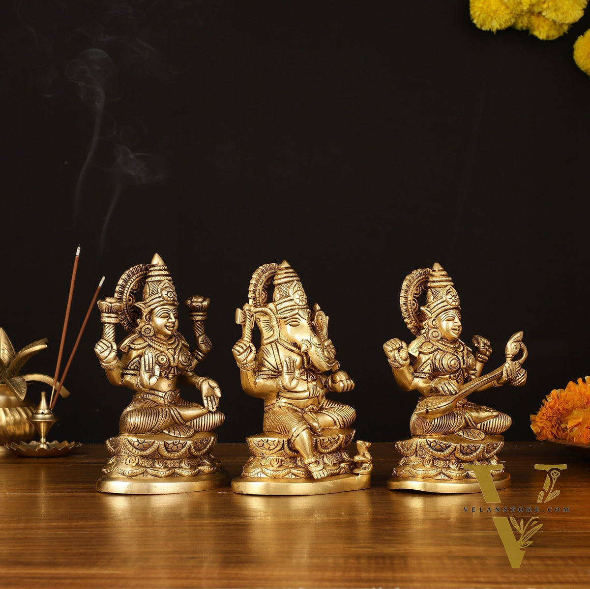 Brass Superfine Ganesh Lakshmi Saraswati Idol - 7" Divine Sculpture