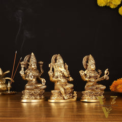 Brass Superfine Ganesh Lakshmi Saraswati Idol - 7" Divine Sculpture