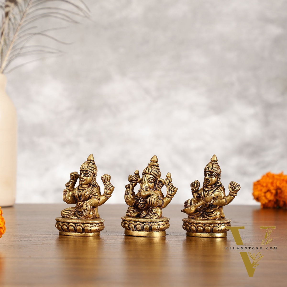 Brass Superfine Ganesh Lakshmi Saraswati Idol Set - 3-inch