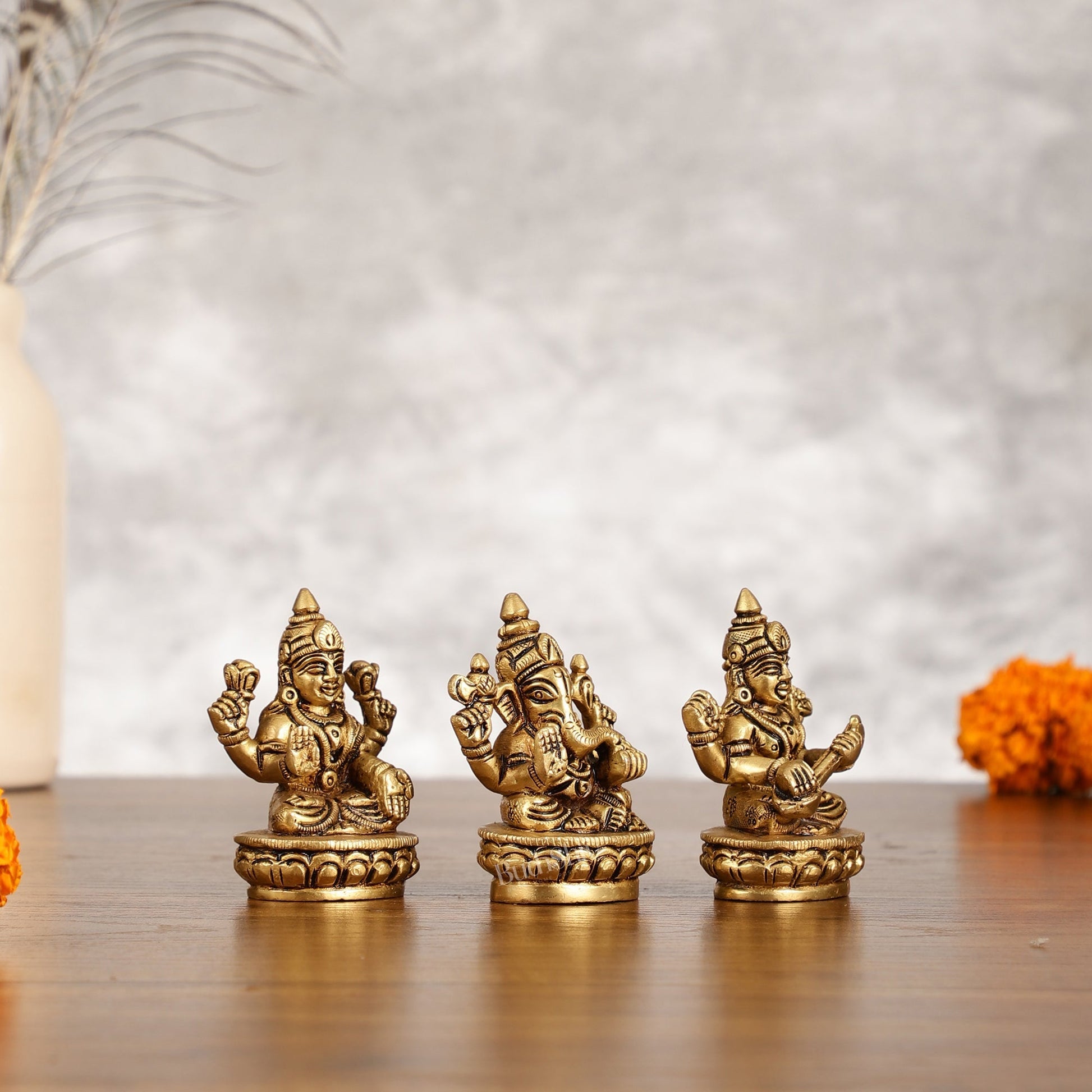 Brass Superfine Ganesh Lakshmi Saraswati Idol Set - 3-inch