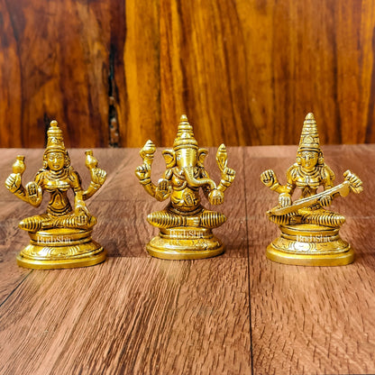 Brass Superfine Ganesh, Lakshmi, Saraswati Idols 3 inch