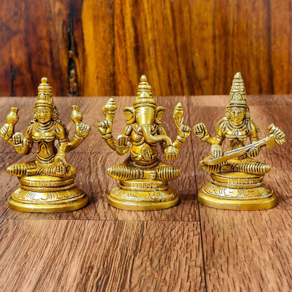 Brass Superfine Ganesh, Lakshmi, Saraswati Idols 3 inch