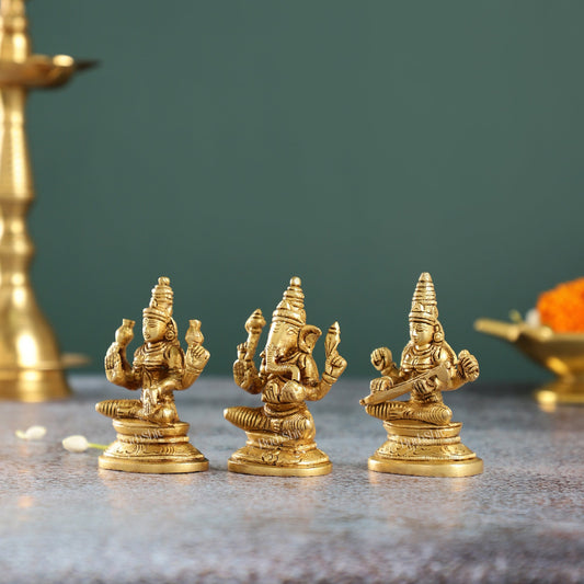 Brass Superfine Ganesh, Lakshmi, Saraswati Idols 3 inch