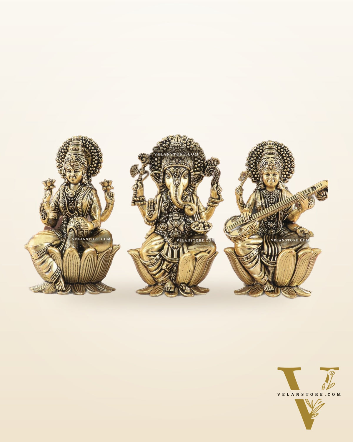 Brass Superfine Ganesh Lakshmi Saraswati Idols - 4 Inch lotus base golden tone