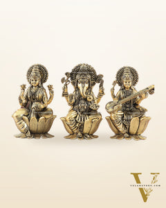 Brass Superfine Ganesh Lakshmi Saraswati Idols - 4 Inch lotus base golden tone