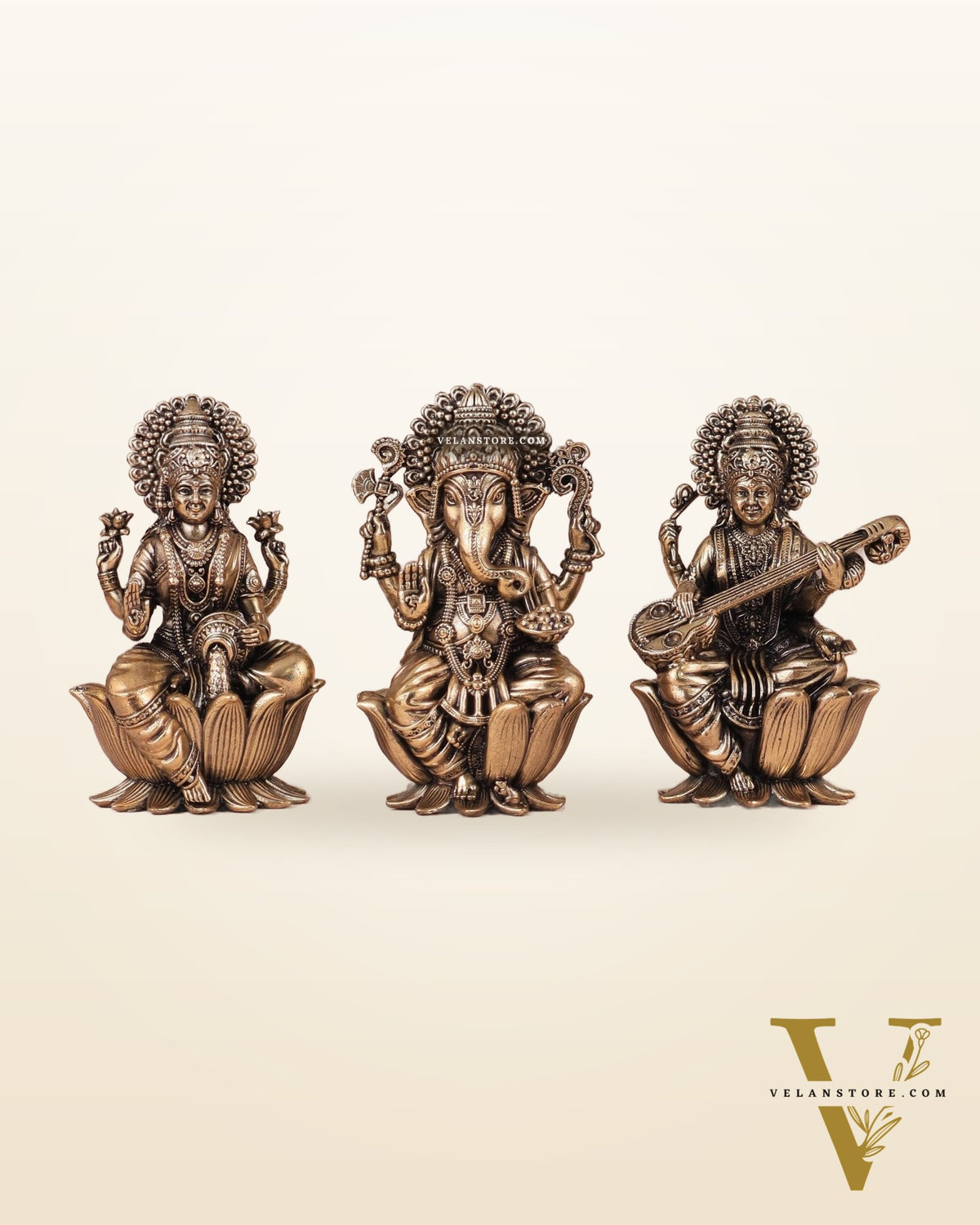 Brass Superfine Ganesh Lakshmi Saraswati Idols - 4 Inch lotus base
