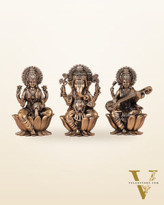 Brass Superfine Ganesh Lakshmi Saraswati Idols - 4 Inch lotus base