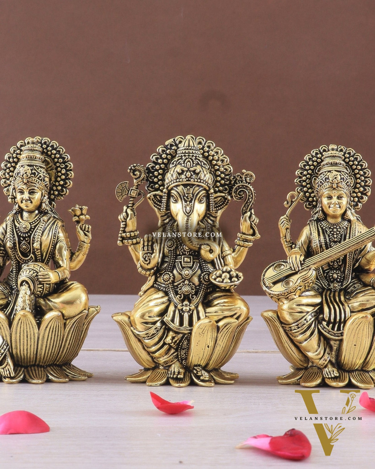 Brass Superfine Ganesh Lakshmi Saraswati Idols - 4 Inch lotus base golden tone