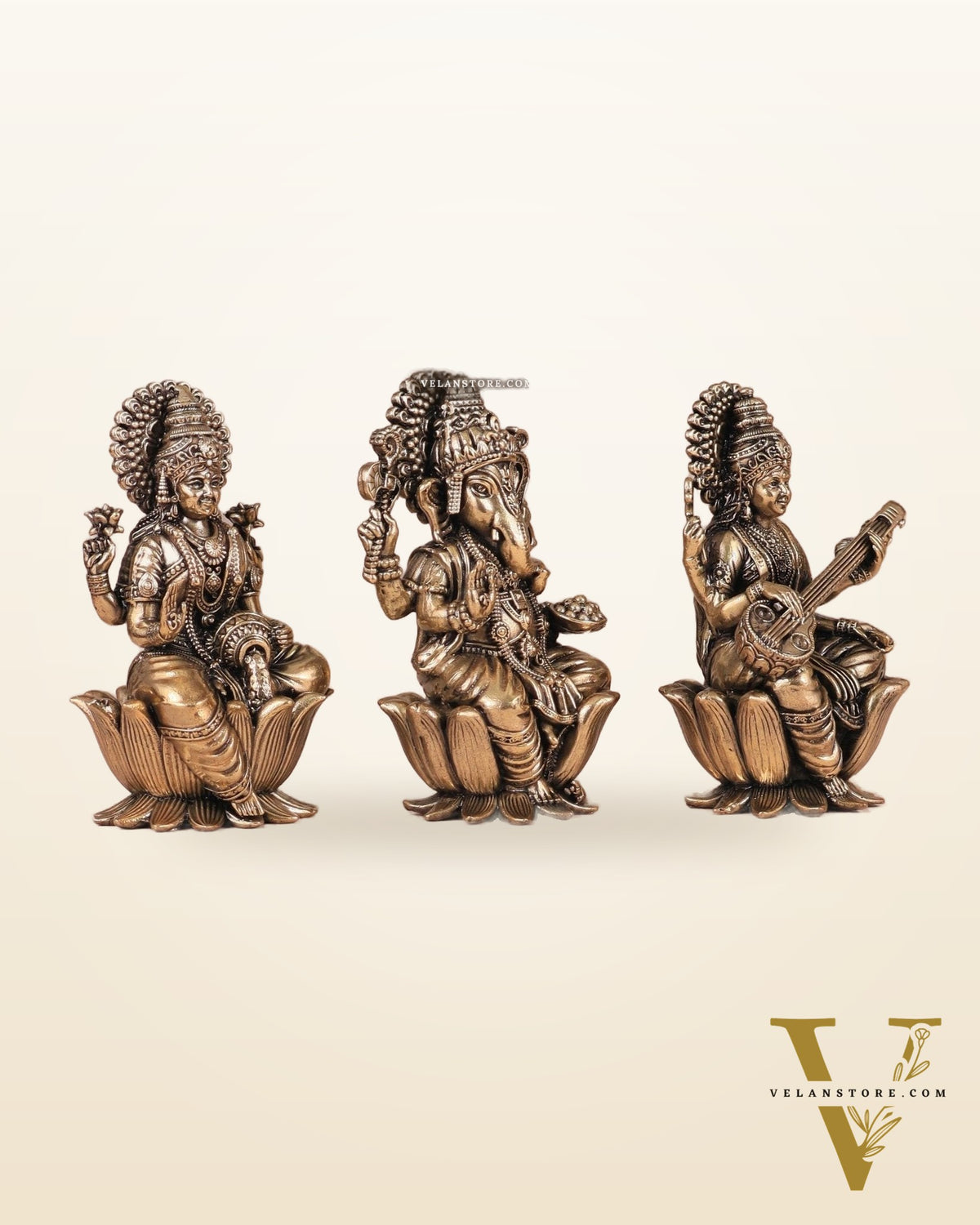 Brass Superfine Ganesh Lakshmi Saraswati Idols - 4 Inch lotus base