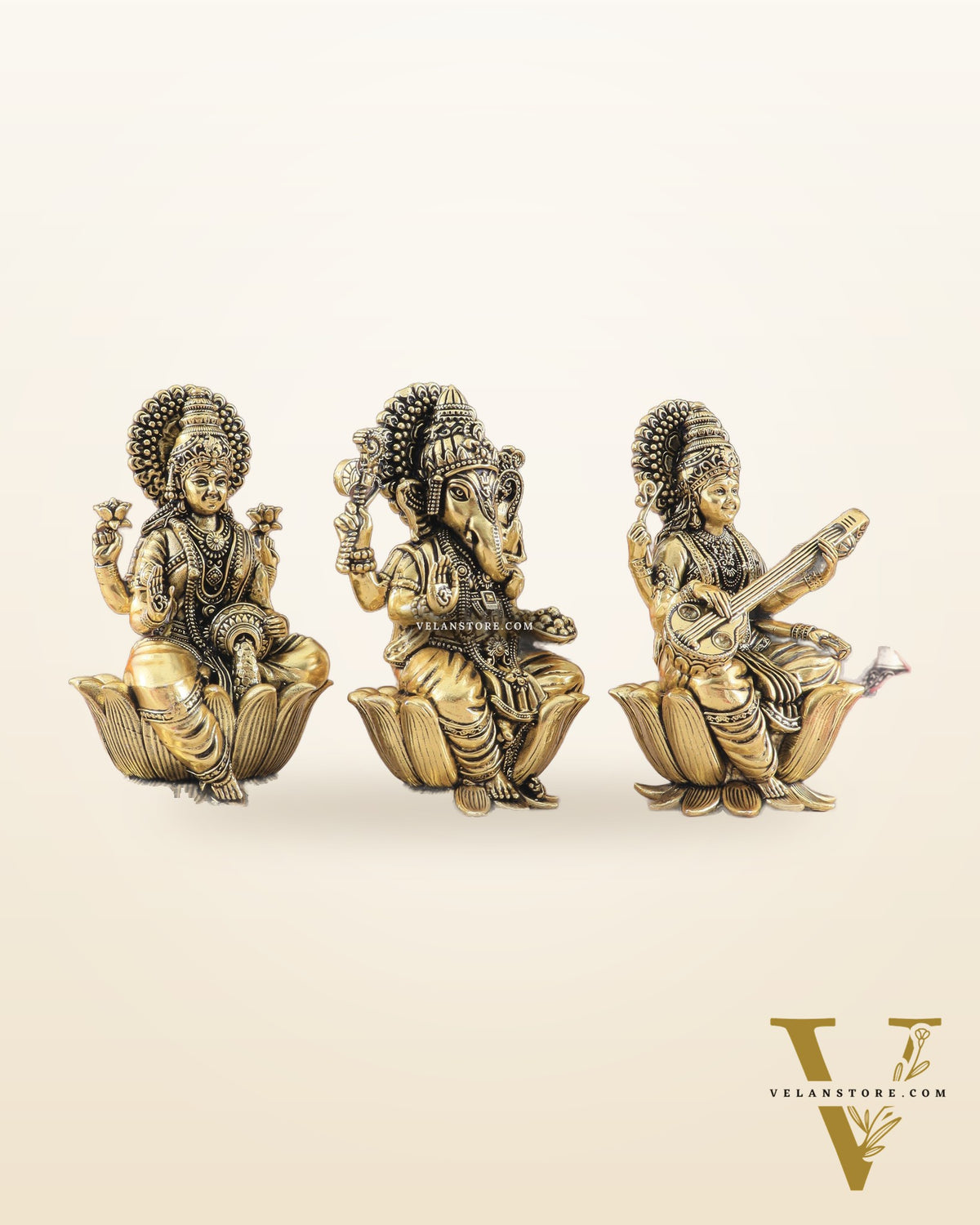 Brass Superfine Ganesh Lakshmi Saraswati Idols - 4 Inch lotus base golden tone