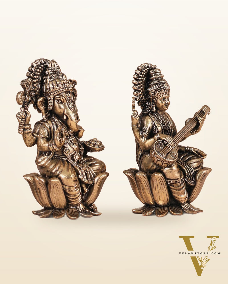 Brass Superfine Ganesh Lakshmi Saraswati Idols - 4 Inch lotus base