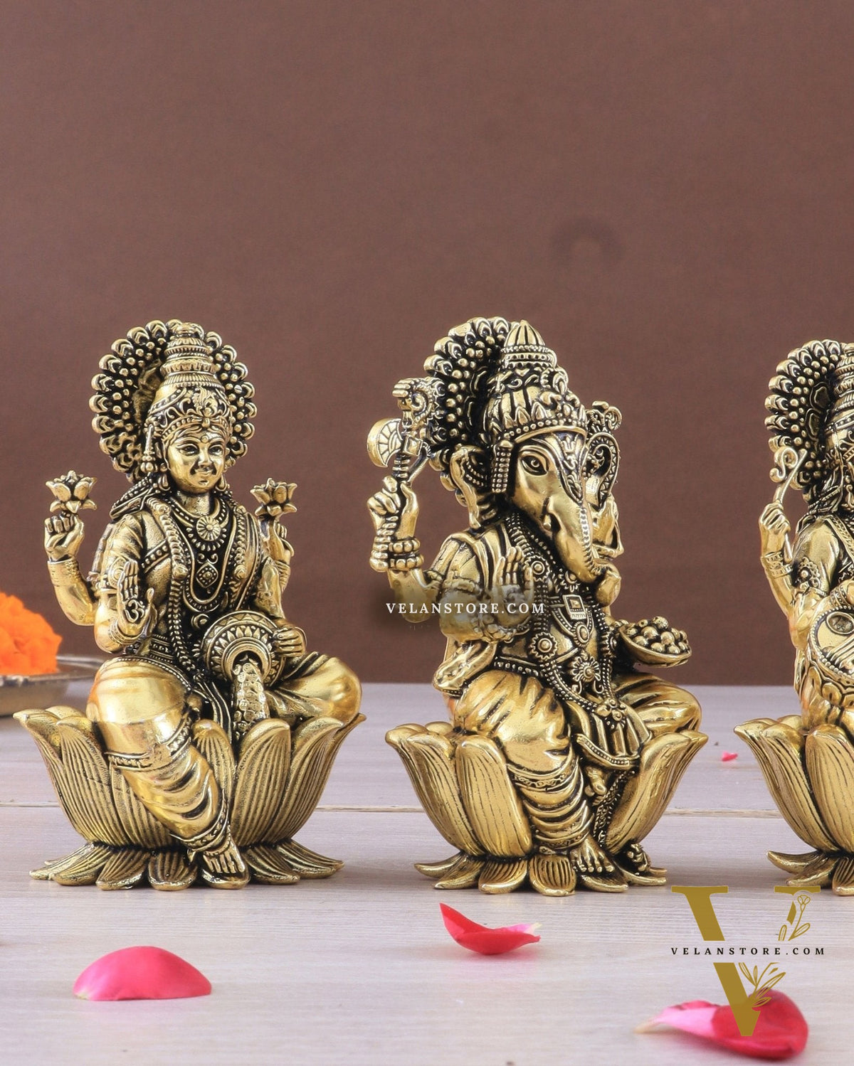 Brass Superfine Ganesh Lakshmi Saraswati Idols - 4 Inch lotus base golden tone