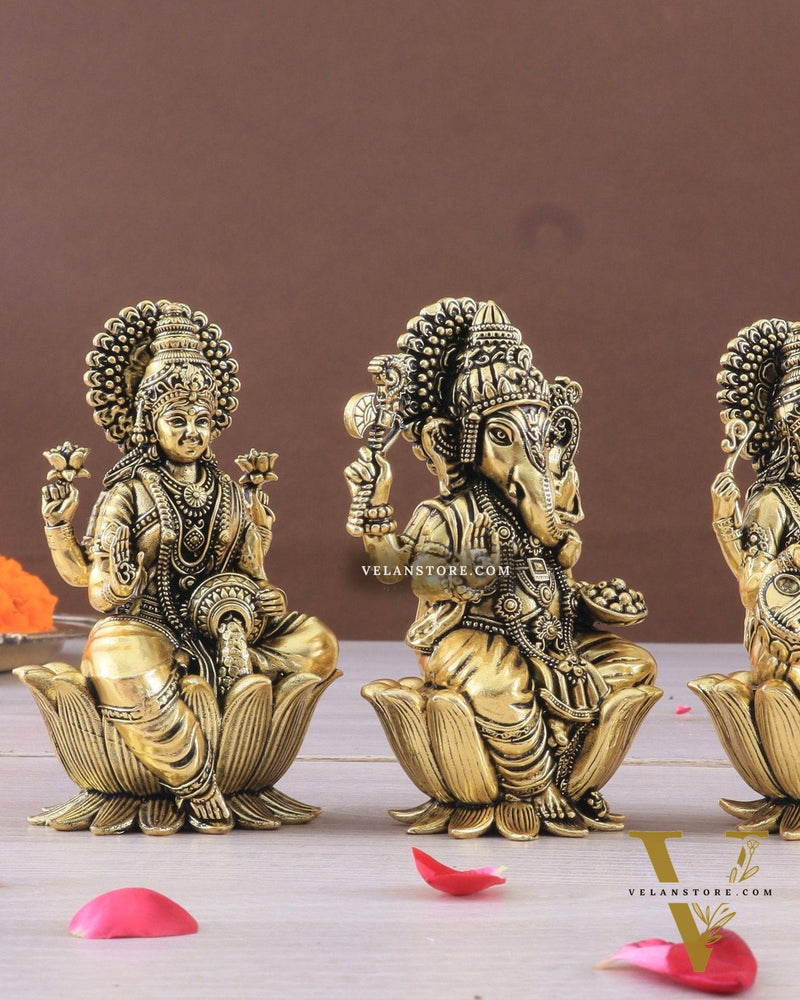 Brass Superfine Ganesh Lakshmi Saraswati Idols - 4 Inch lotus base golden tone