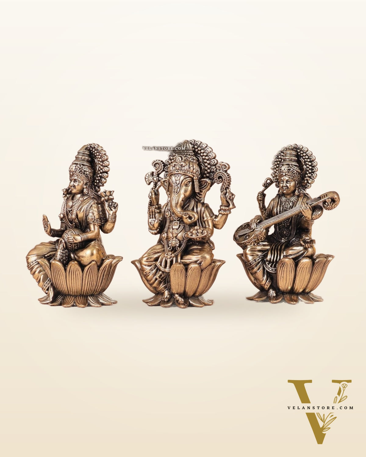 Brass Superfine Ganesh Lakshmi Saraswati Idols - 4 Inch lotus base