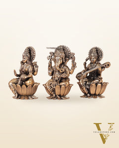 Brass Superfine Ganesh Lakshmi Saraswati Idols - 4 Inch lotus base
