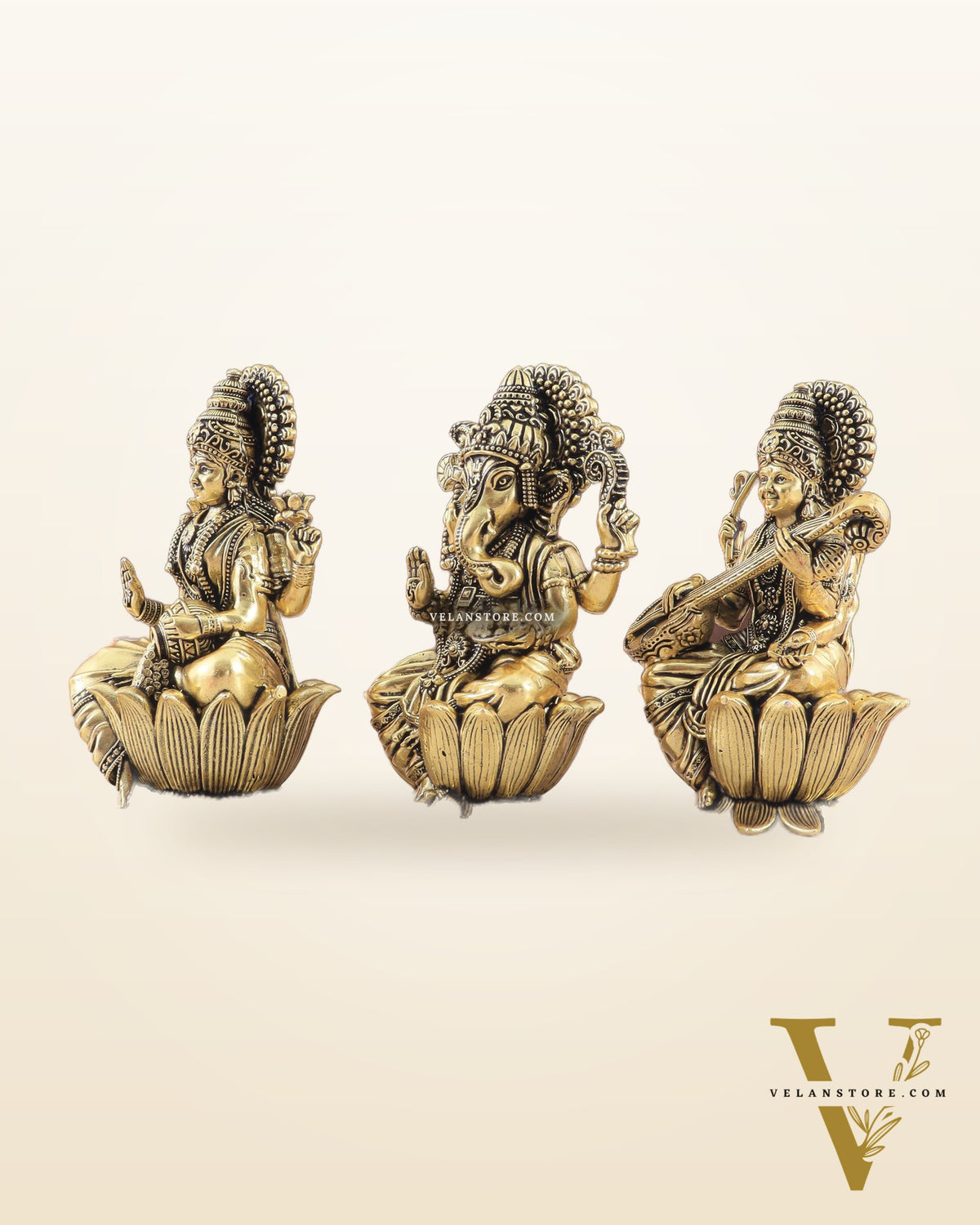 Brass Superfine Ganesh Lakshmi Saraswati Idols - 4 Inch lotus base golden tone