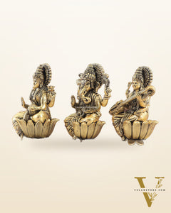 Brass Superfine Ganesh Lakshmi Saraswati Idols - 4 Inch lotus base golden tone