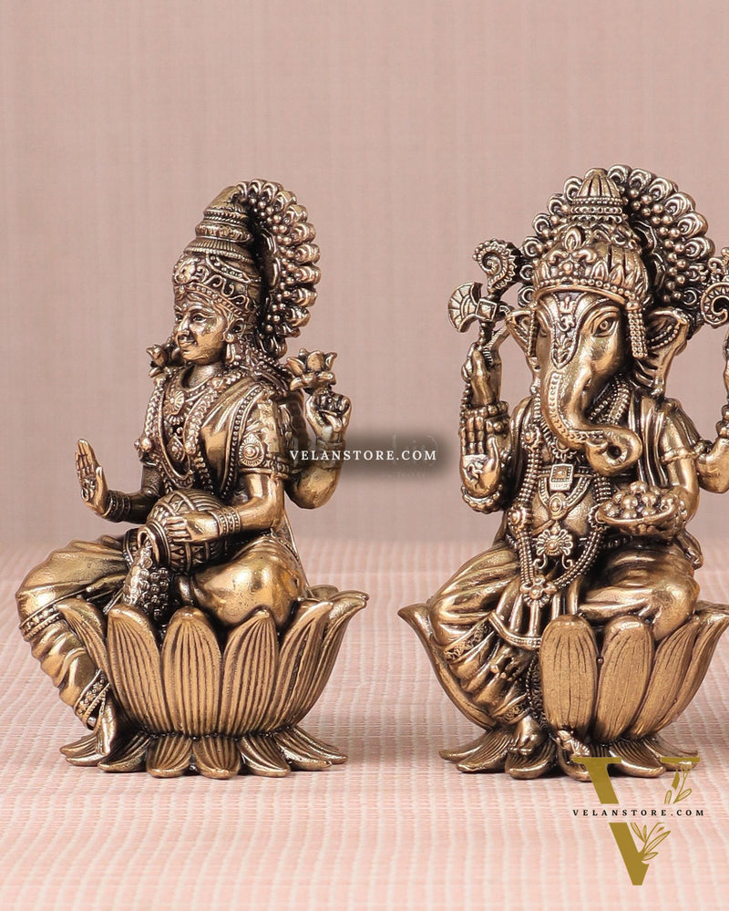 Brass Superfine Ganesh Lakshmi Saraswati Idols - 4 Inch lotus base