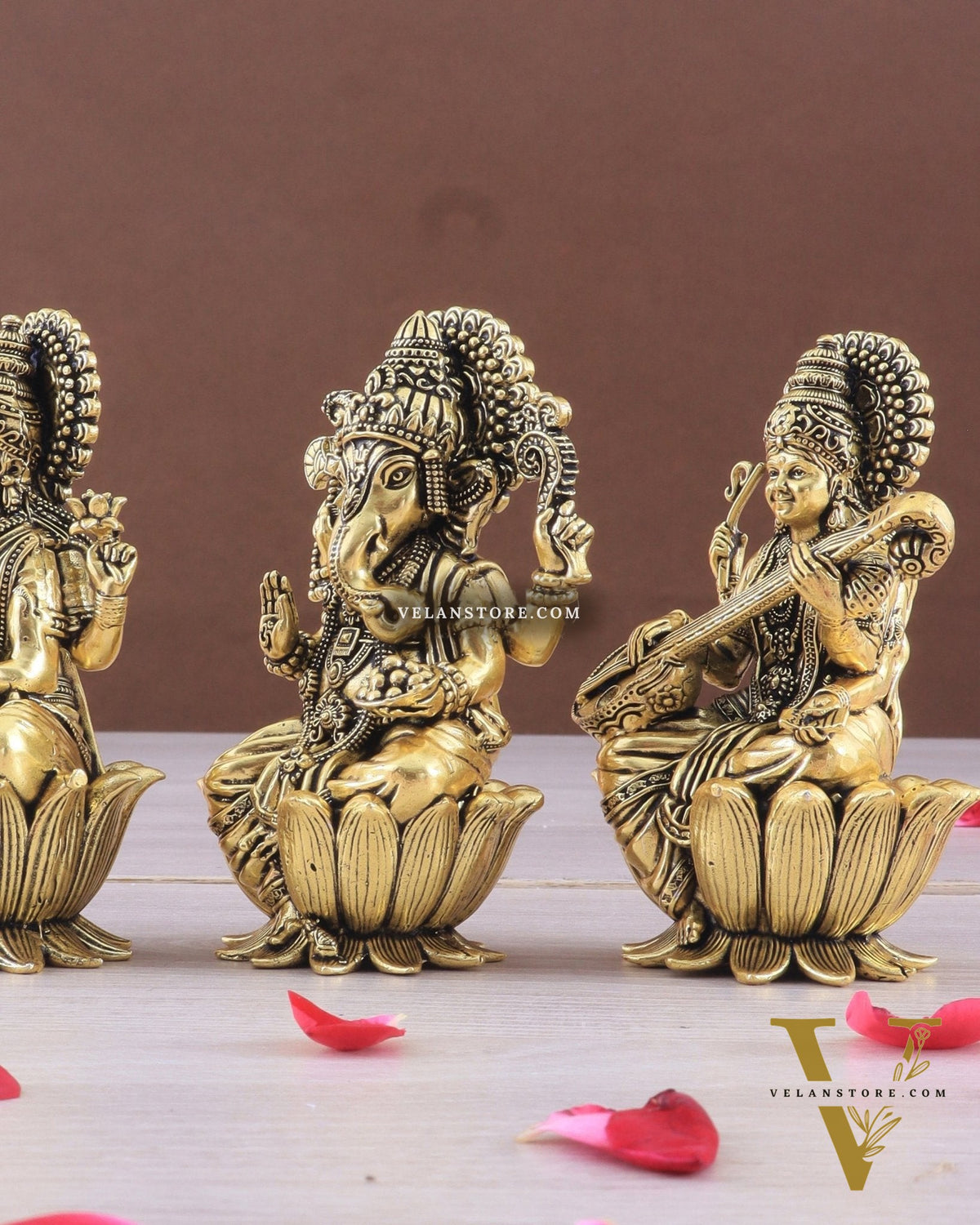 Brass Superfine Ganesh Lakshmi Saraswati Idols - 4 Inch lotus base golden tone