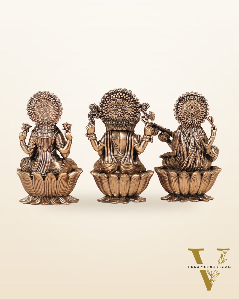 Brass Superfine Ganesh Lakshmi Saraswati Idols - 4 Inch lotus base