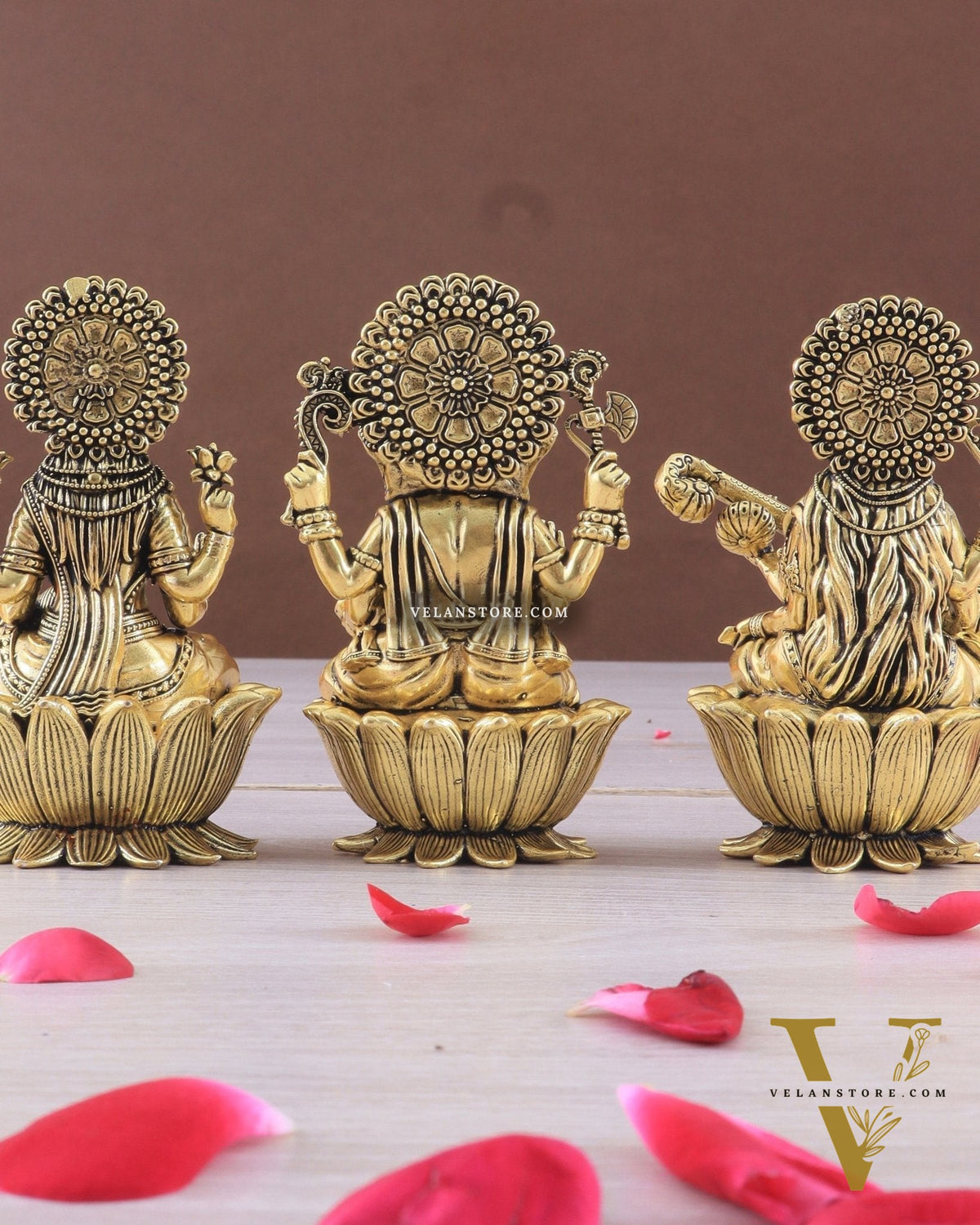 Brass Superfine Ganesh Lakshmi Saraswati Idols - 4 Inch lotus base golden tone