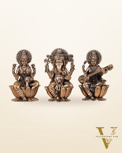 Brass Superfine Ganesh Lakshmi Saraswati Idols - 4 Inch lotus base
