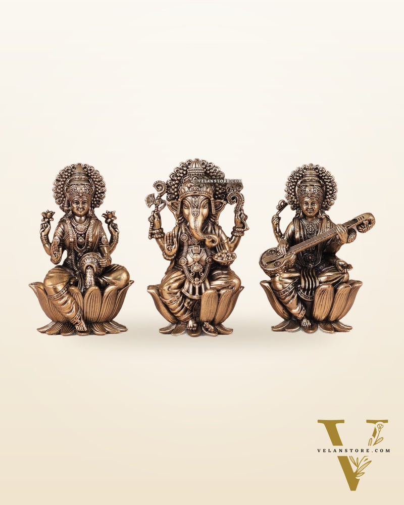 Brass Superfine Ganesh Lakshmi Saraswati Idols - 4 Inch lotus base