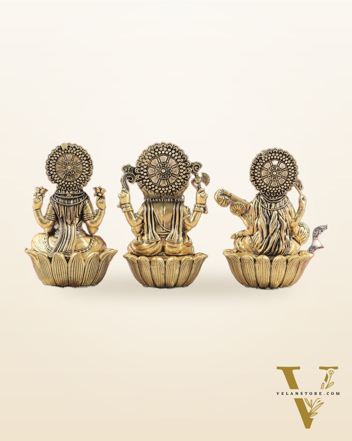 Brass Superfine Ganesh Lakshmi Saraswati Idols - 4 Inch lotus base golden tone