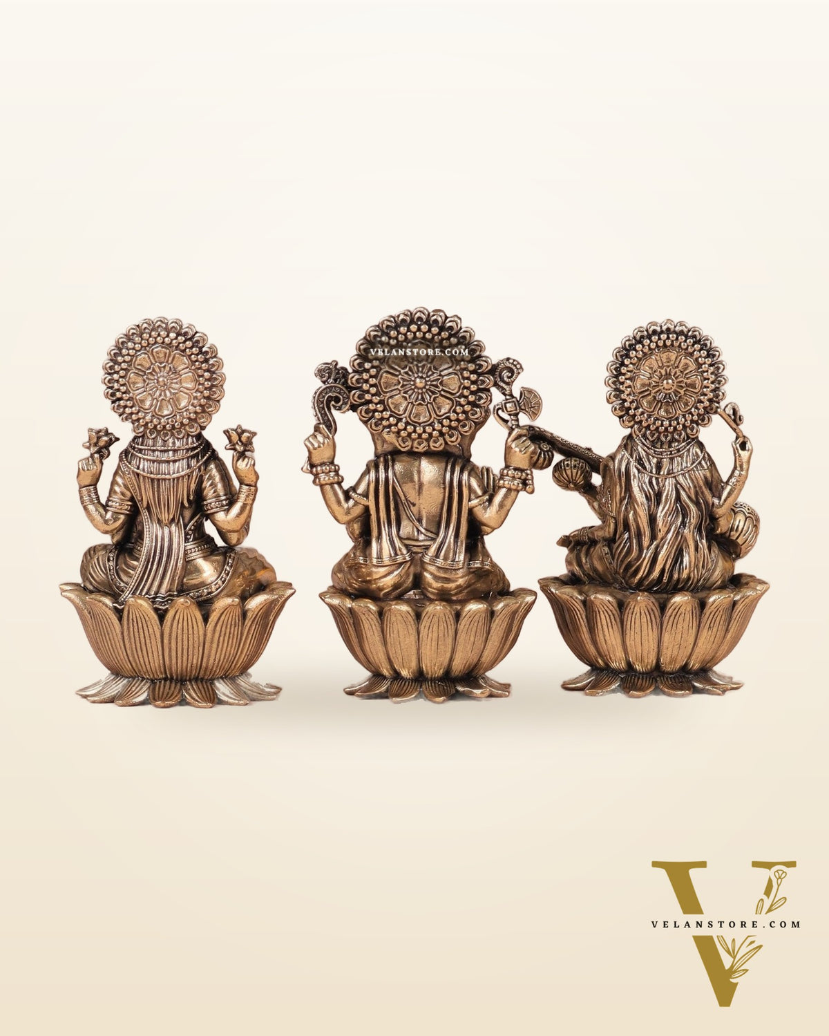 Brass Superfine Ganesh Lakshmi Saraswati Idols - 4 Inch lotus base