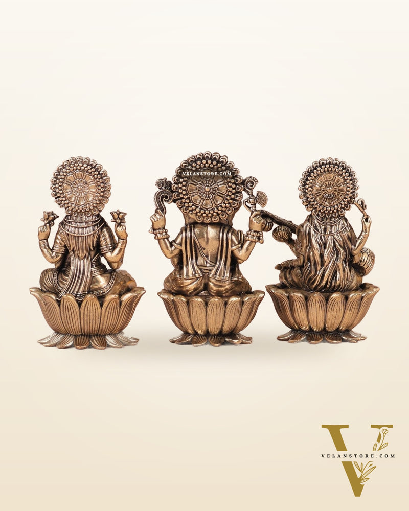 Brass Superfine Ganesh Lakshmi Saraswati Idols - 4 Inch lotus base