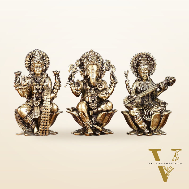Brass Superfine Ganesh Lakshmi Saraswati Idols - 4 Inch