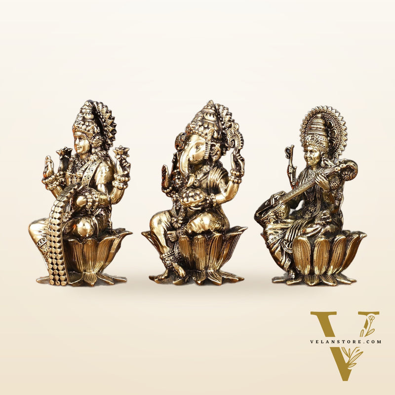 Brass Superfine Ganesh Lakshmi Saraswati Idols - 4 Inch