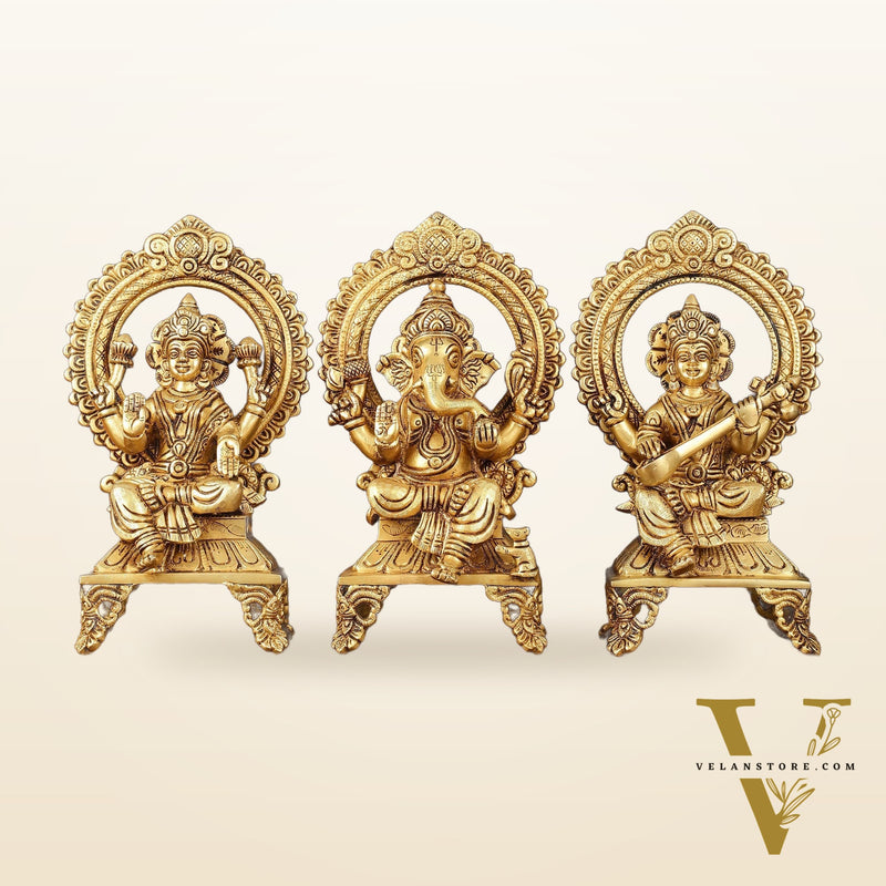 Brass Superfine Ganesh Lakshmi Saraswati idols 9.5"
