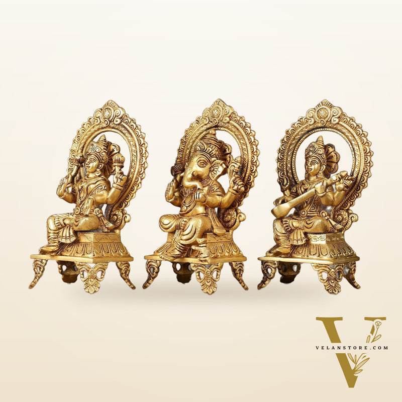 Brass Superfine Ganesh Lakshmi Saraswati idols 9.5"