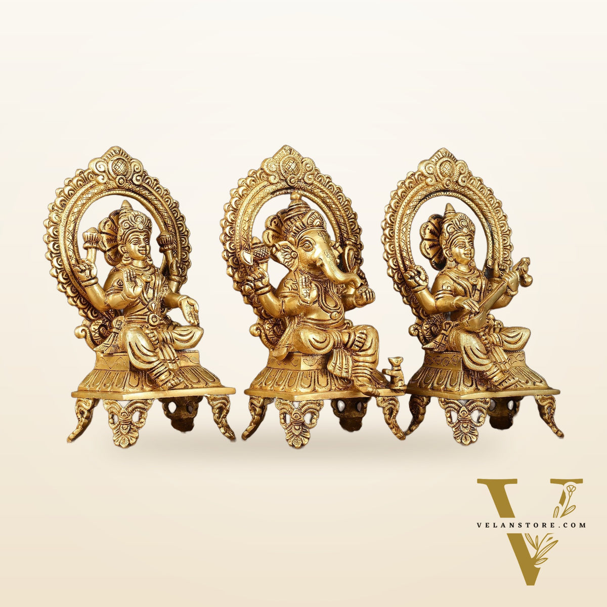 Brass Superfine Ganesh Lakshmi Saraswati idols 9.5"