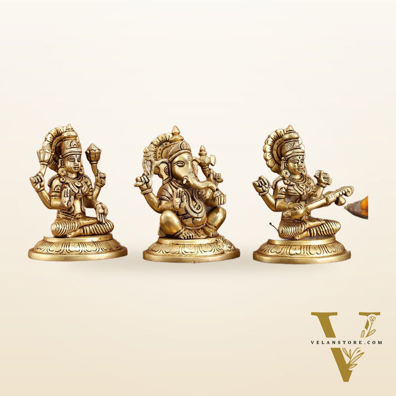 Brass Superfine Ganesh Lakshmi Saraswati Idols Set | 5-inch